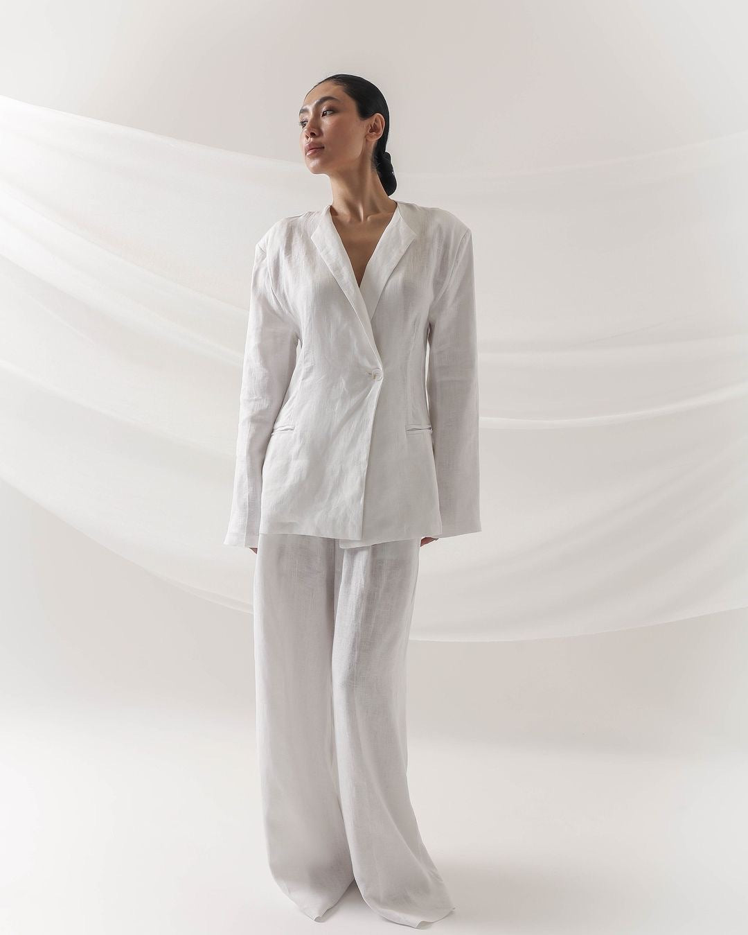 Damen elegantes Leinenanzug-Set mit langärmliger Jacke und weitem Schnitt Stalluxe