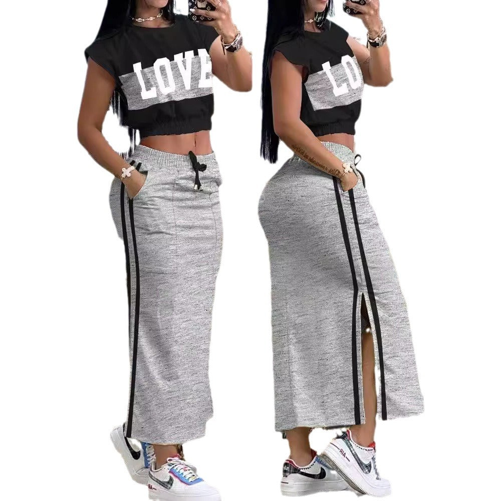 Damen Sportliches Zweiteiliges Set mit crop Oberteil und langem Rock mit Schlitz Stalluxe