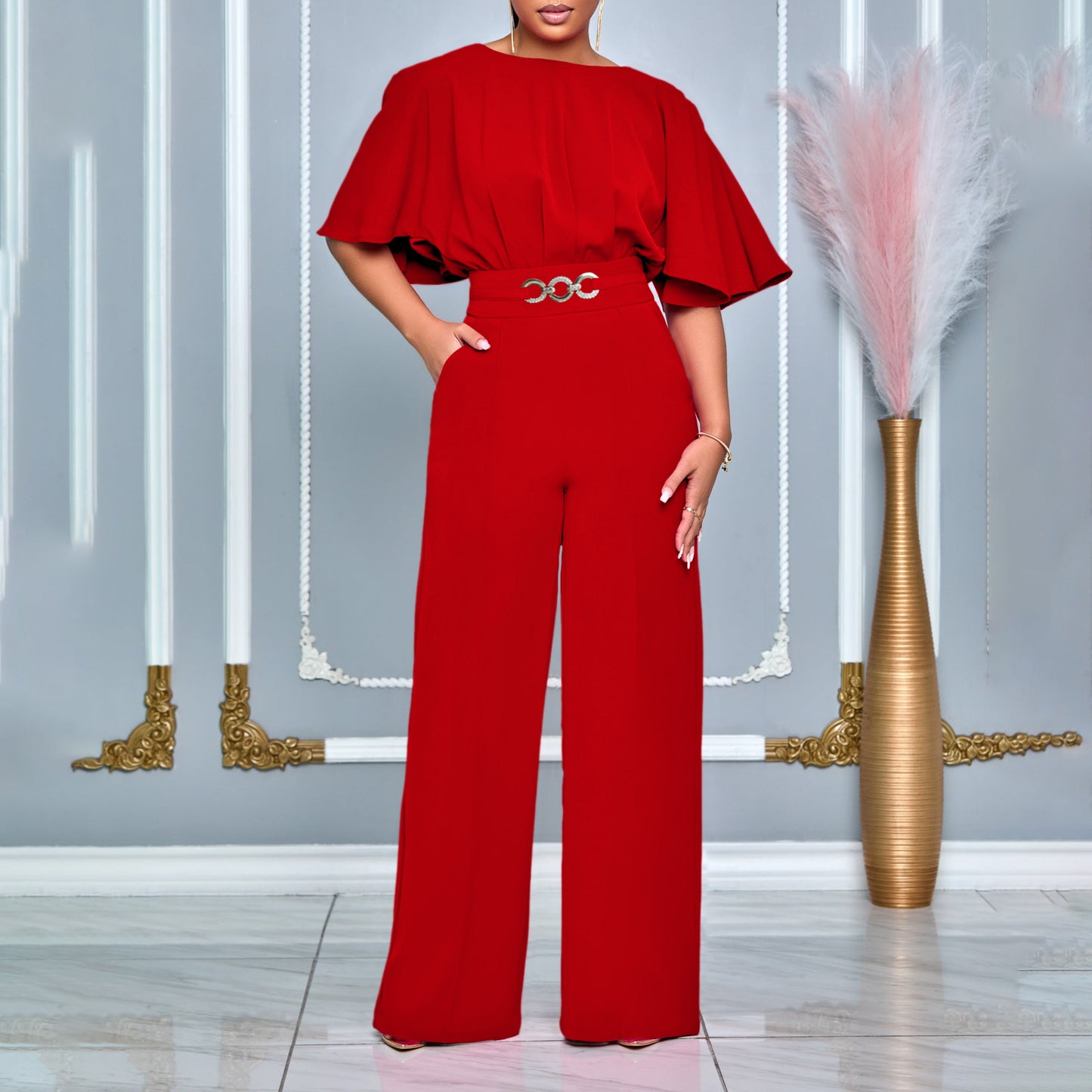 Damen Eleganter Jumpsuit mit weitem Bein und dekorativem Gürtel Stalluxe