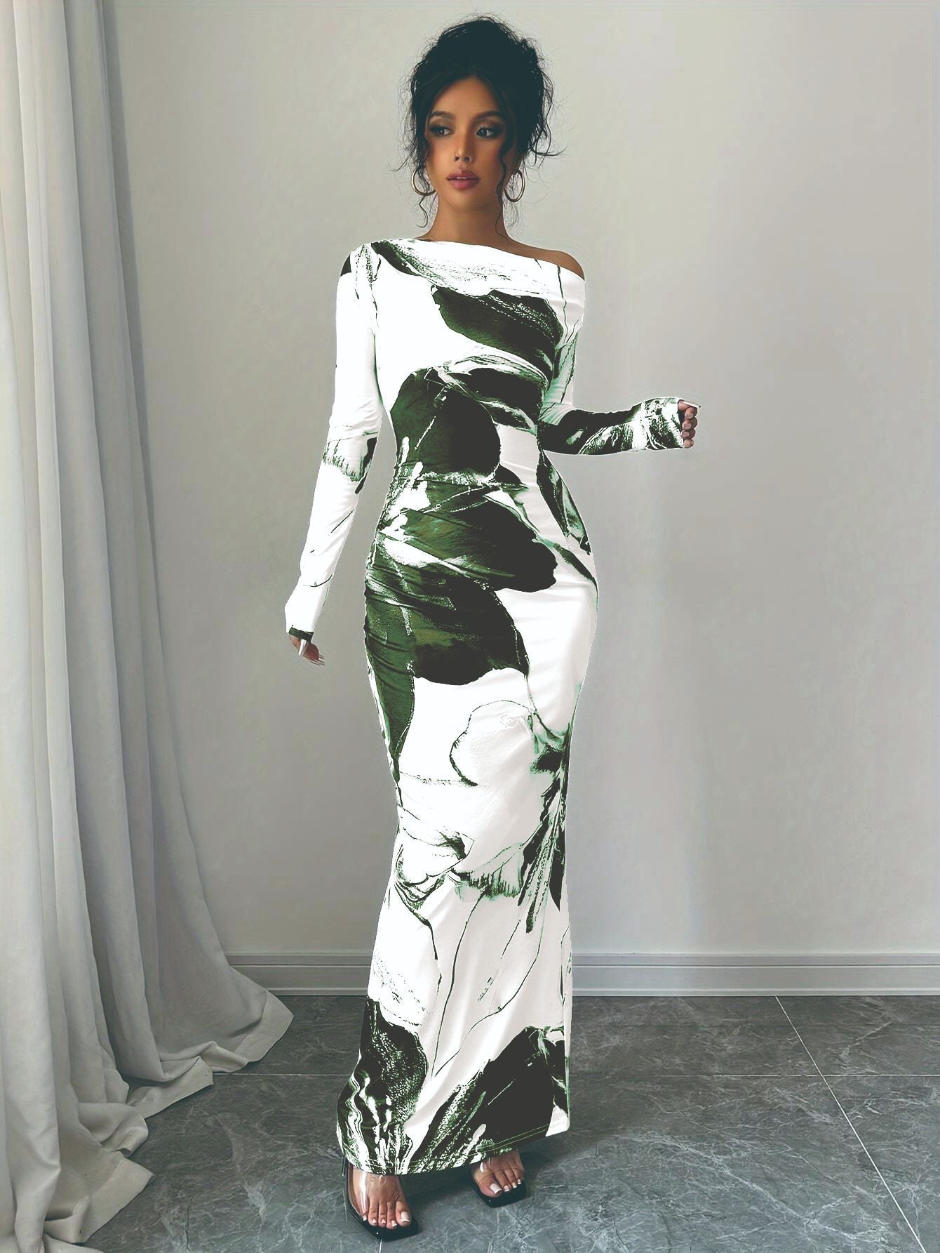 Damen elegantes Langarmkleid mit floralem Motiv Stalluxe
