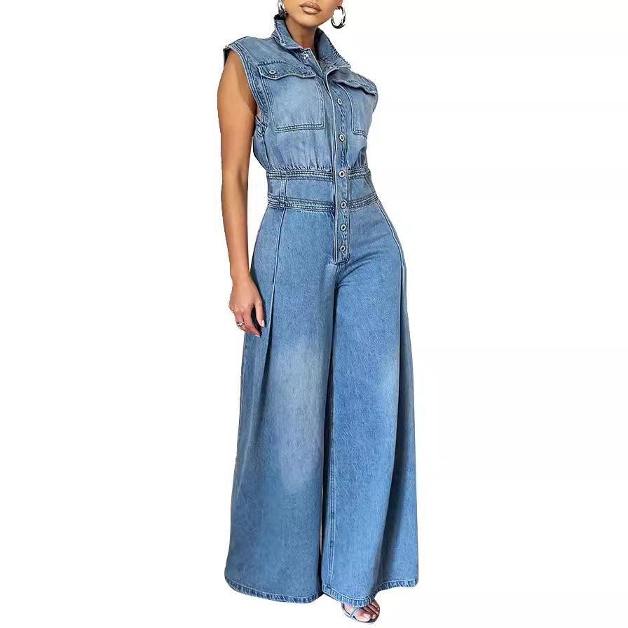Damen Jeans-Einteiler mit weiten Beinen und Schulterklappen Stalluxe