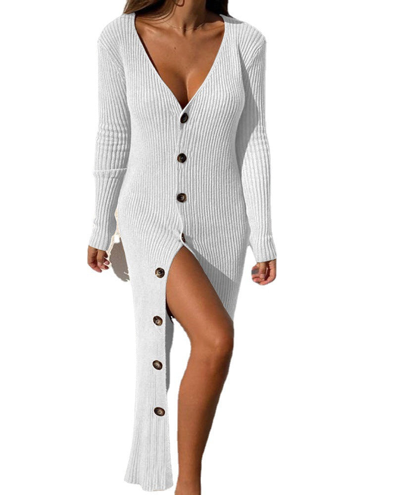 Damen Langer Strickkleid mit tiefem V-Ausschnitt und Knopfdetails Stalluxe