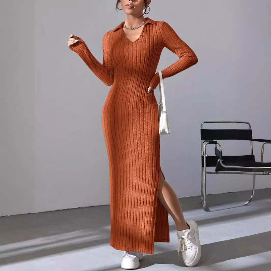 Damen Langärmliges Rippkleid mit Slit und Kragen Stalluxe