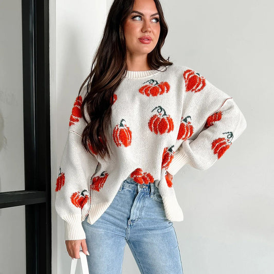 Damen Großer Strickpullover mit Kürbis-Motiv Stalluxe