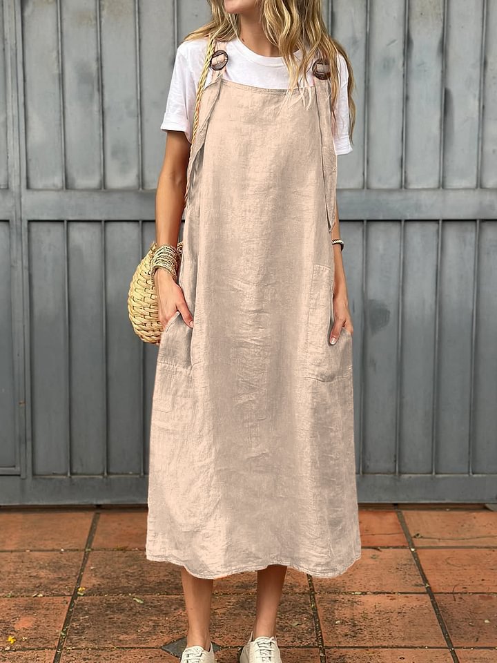 Damen Leichte Leinenkleid mit Taschen Stalluxe