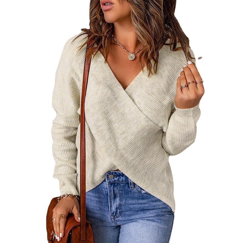 Damen lässiger Wickel-Pullover mit tiefem V-Ausschnitt und strukturiertem Gewebe Stalluxe