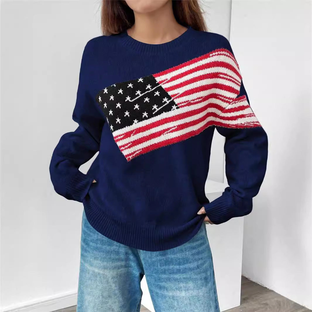 Damen Strickpullover mit Flaggenmuster und lässigem Schnitt Stalluxe