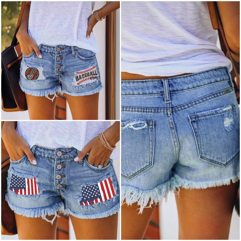 Damen Jeansshorts im Coolen USA-Design mit ausgefranstem Saum Stalluxe