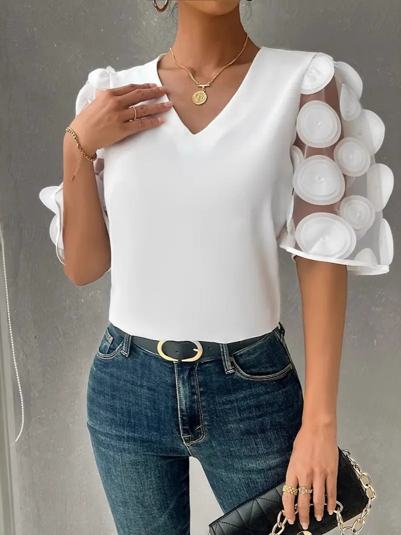 Damen Elegantes Oberteil mit transparenten Puffärmeln und V-Ausschnitt Stalluxe