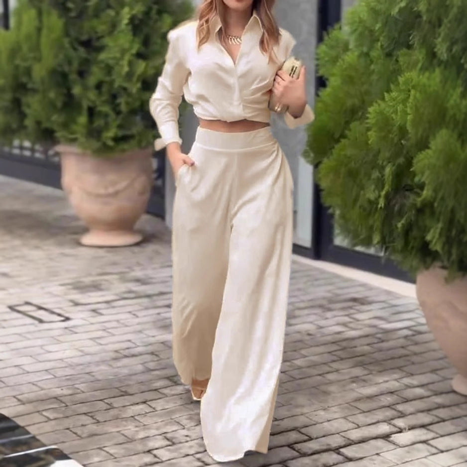Damen elegantes Set aus cropped Bluse und weitem Hose Stalluxe