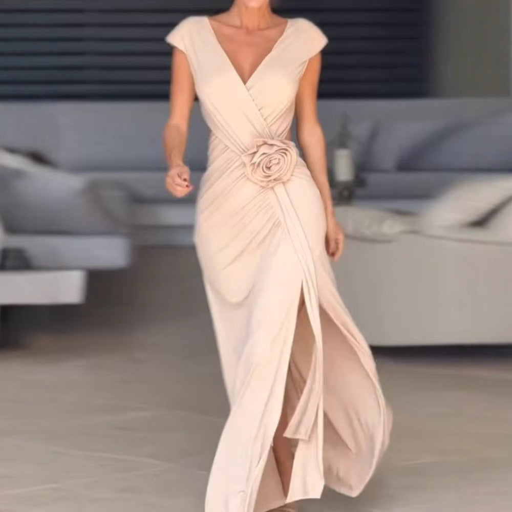 Damen Elegantes Maxikleid mit raffiniertem Wickeldesign und Blumenapplikation Stalluxe