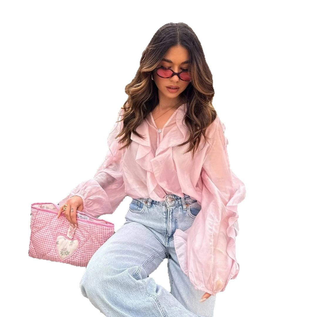 Damen Bluse mit voluminösen Rüschendetails und gewelltem Saum Stalluxe