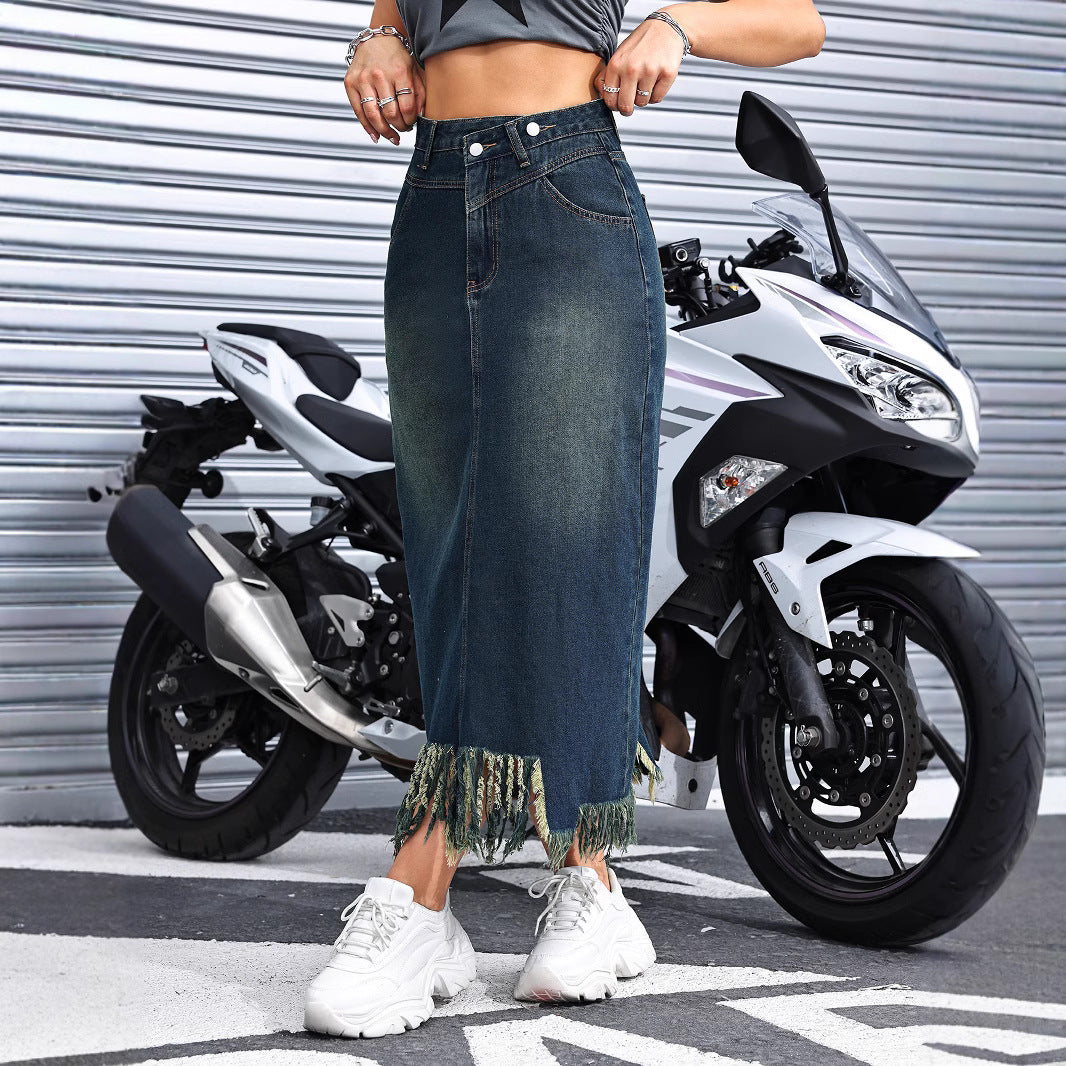 Damen Maxirock mit Fransensaum und hohem Bund Stalluxe