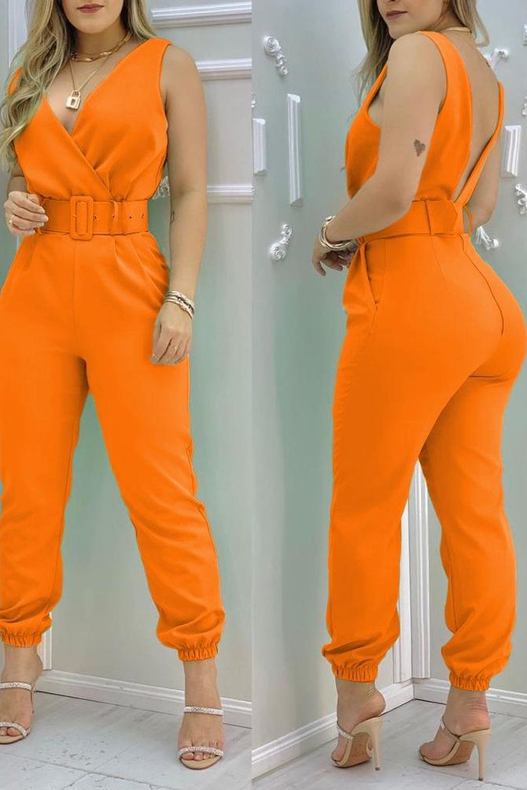 Damen Eleganter Jumpsuit mit Gürtel und tiefem V-Ausschnitt Stalluxe