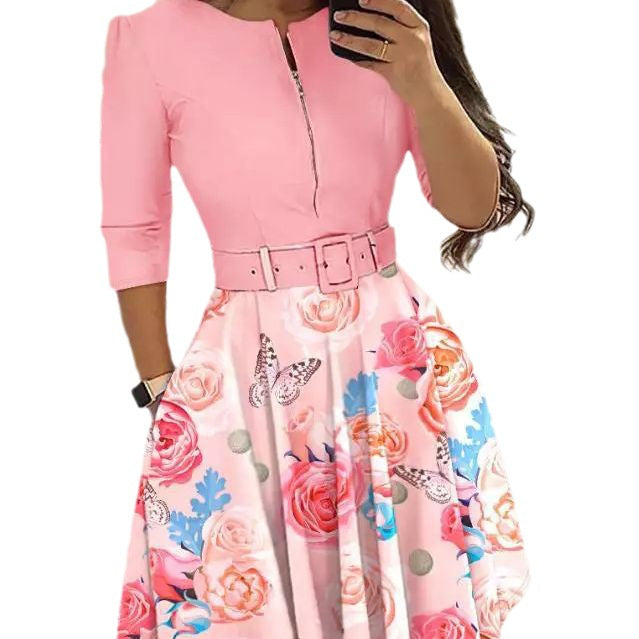 Damen A-Linien Kleid mit tailliertem Gürtel und floralem Muster Stalluxe