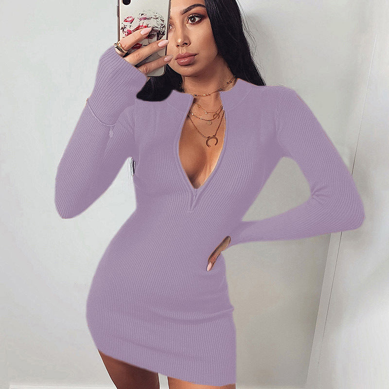 Damen Knit Kleid mit tiefem V-Ausschnitt und langen Ärmeln Stalluxe