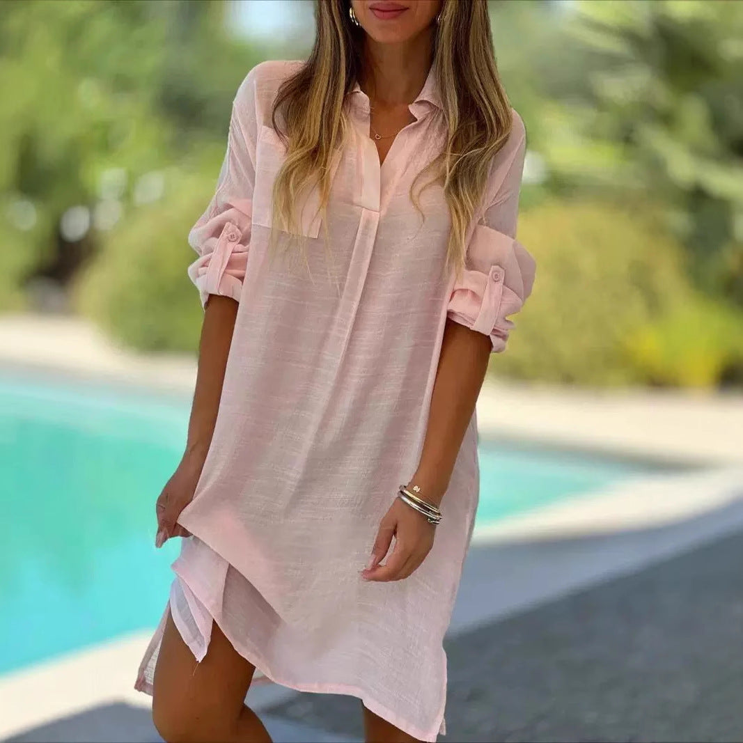 Damen Freizeit-Hemdblusenkleid mit luftigem Schnitt und dekorativen Seitenschlitzen Stalluxe