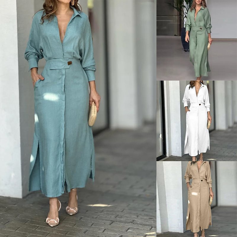 Damen Hemdkleid mit Taillengürtel und seitlichen Schlitzen Stalluxe