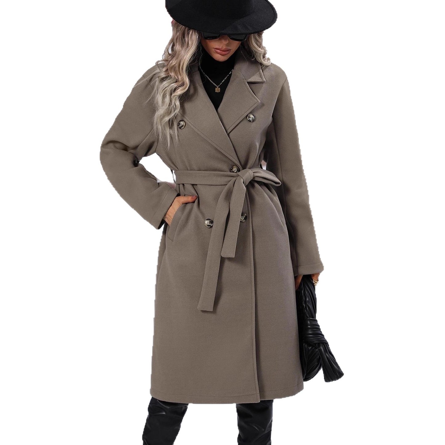 Damen eleganter Wollmantel mit doppelter Knopfleiste und Taillengürtel Stalluxe