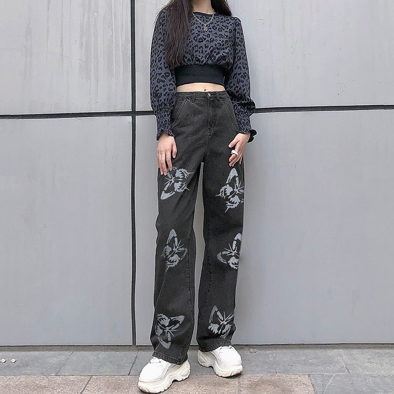 Damen weite High-Waist Jeans mit floralen Druckmotiven Stalluxe