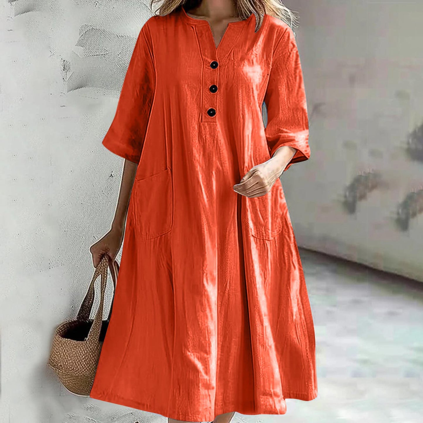 Damen lässiges Baumwollkleid mit Knopfleiste und praktischen Taschen Stalluxe