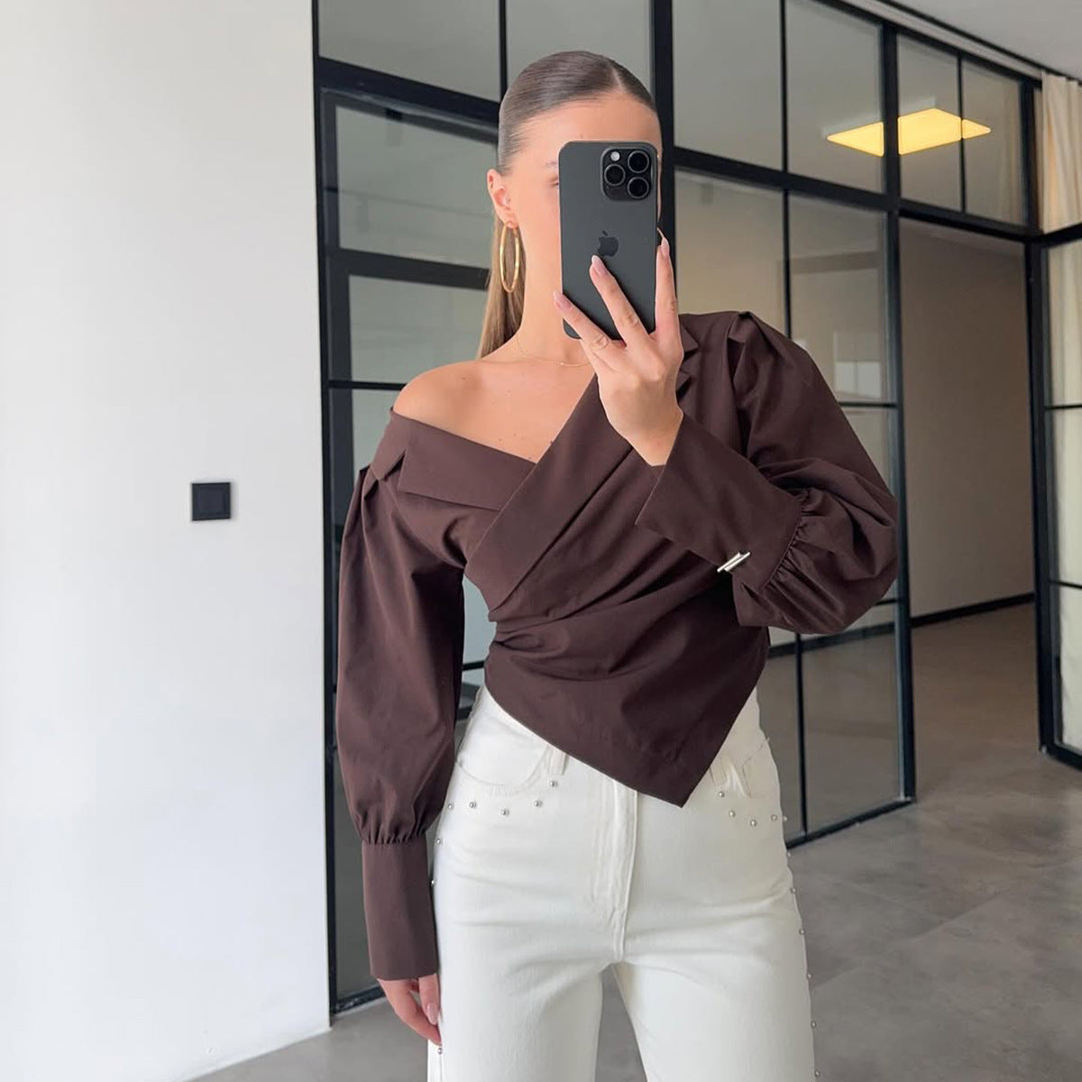 Damen Elegante Wickelbluse mit asymmetrischem Schnitt und Puffärmeln Stalluxe