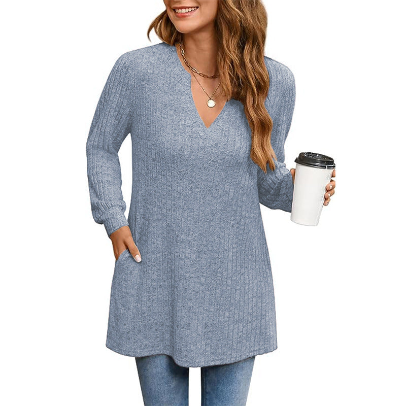 Women's Ribbed V-Neck Tunic Sweater Stalluxe