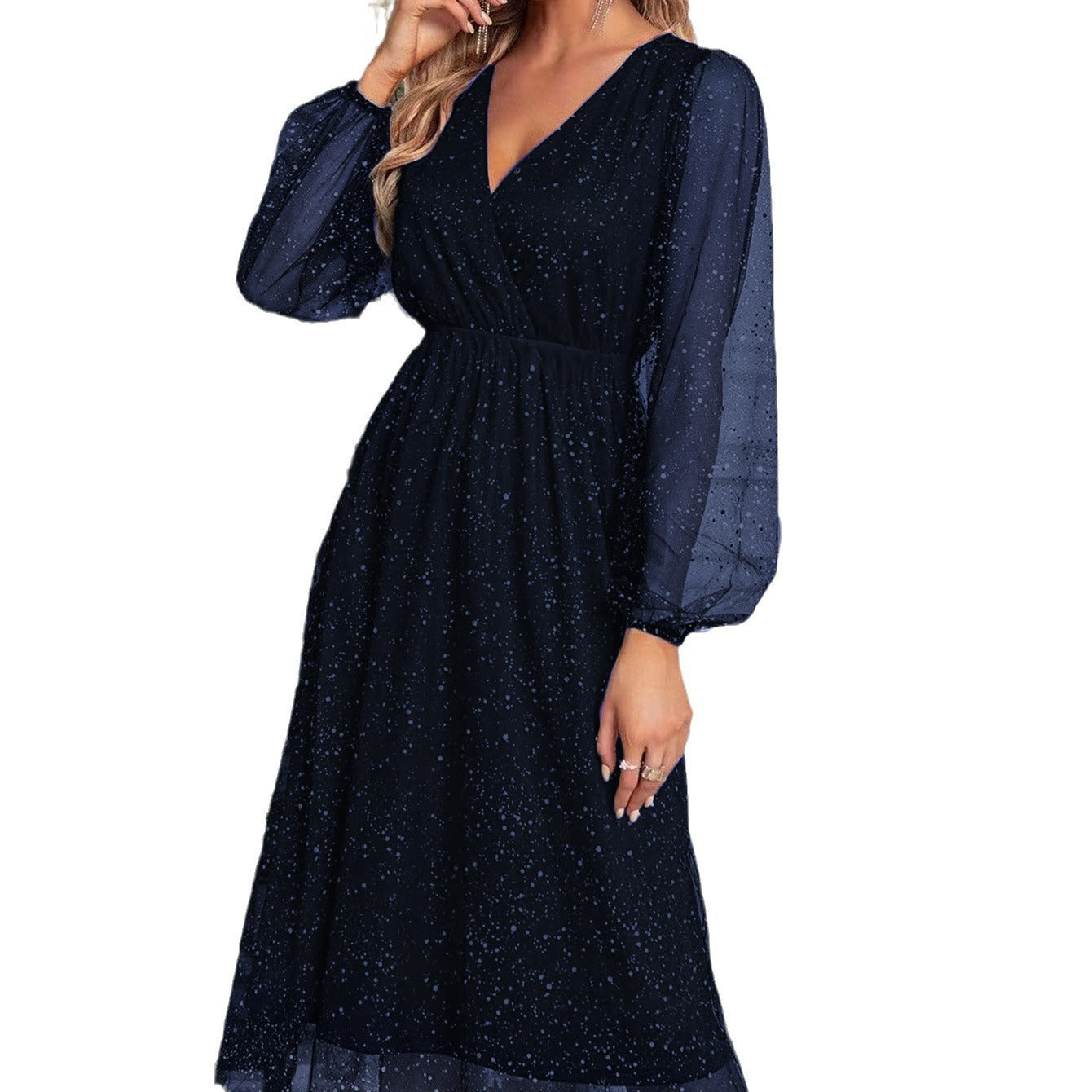 Damen Glänzende V-Ausschnitt Illusionsärmel Kleid Stalluxe