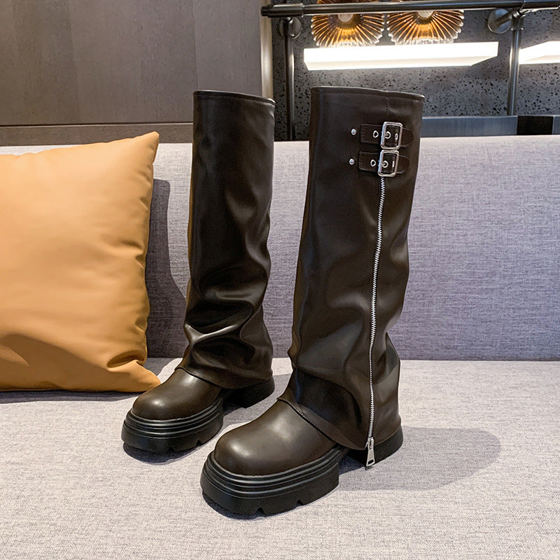 Damen Überknee-Stiefel mit modischem Reißverschluss und verstellbarem Riemen Stalluxe