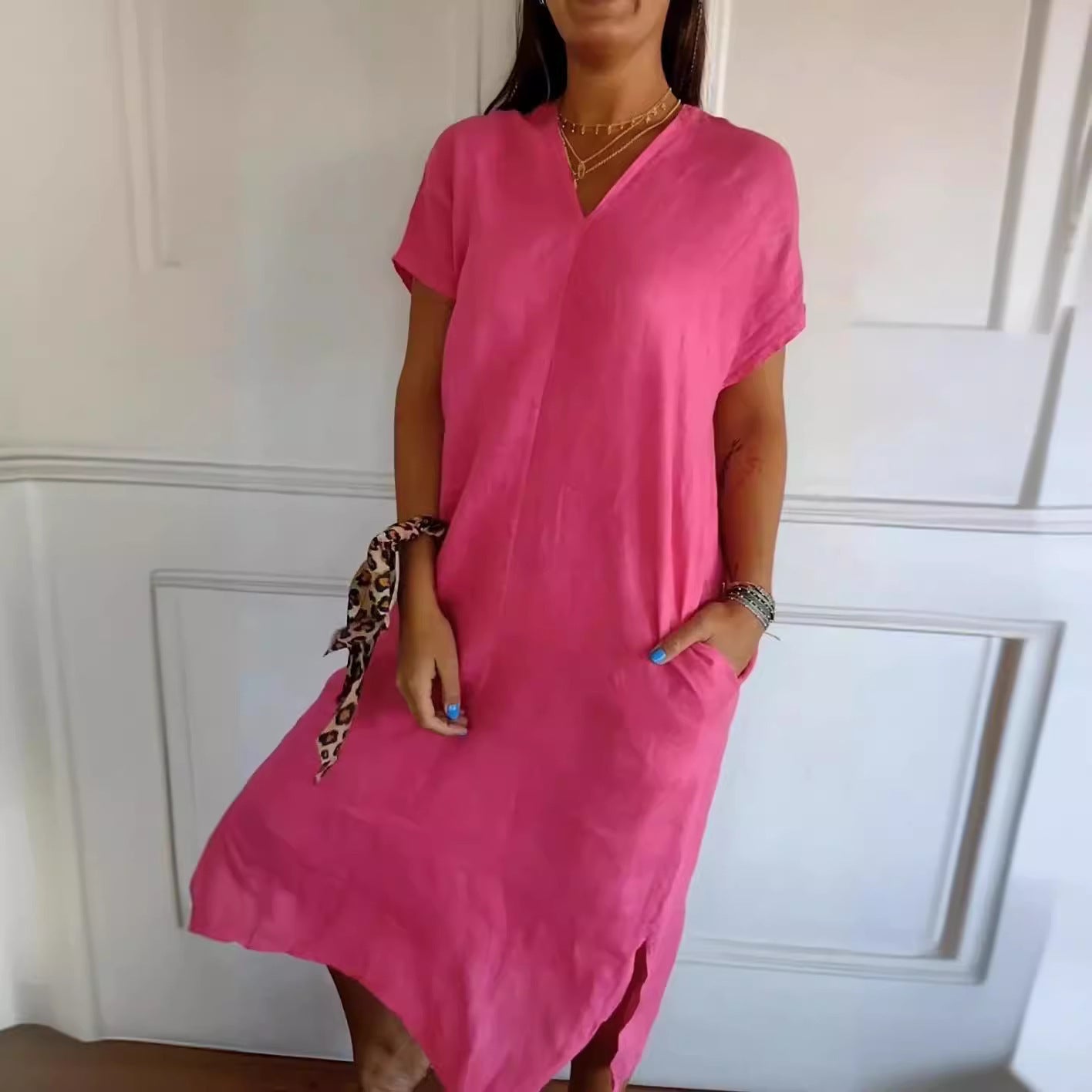 Damen lässiges V-Ausschnitt Kleid mit praktischen Taschen Stalluxe
