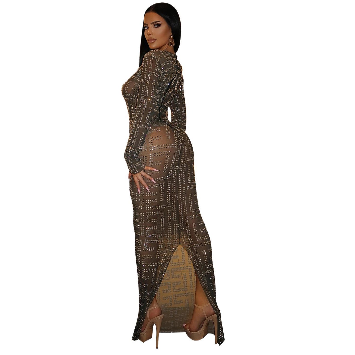 Damen Glitzerndes Bodycon-Kleid aus elastischem Material mit langen Ärmeln Stalluxe