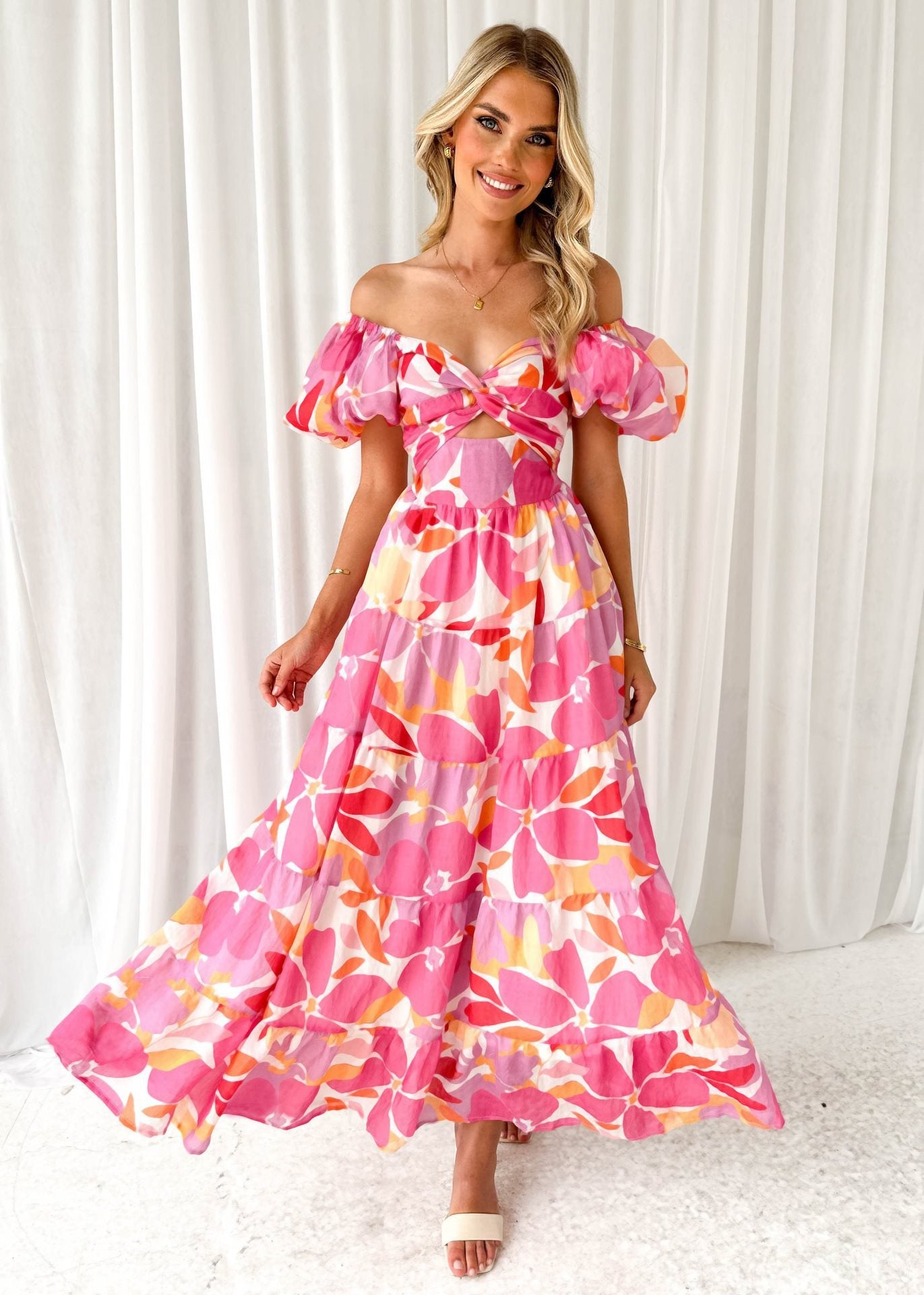 Damen Maxikleid mit voluminösen Puffärmeln und floralem Print Stalluxe