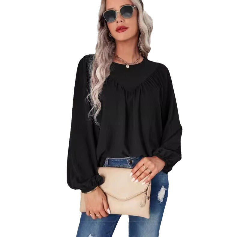 Damen lässiges Blusenshirt mit weit ausgestellten Ärmeln und feiner Rippstruktur Stalluxe