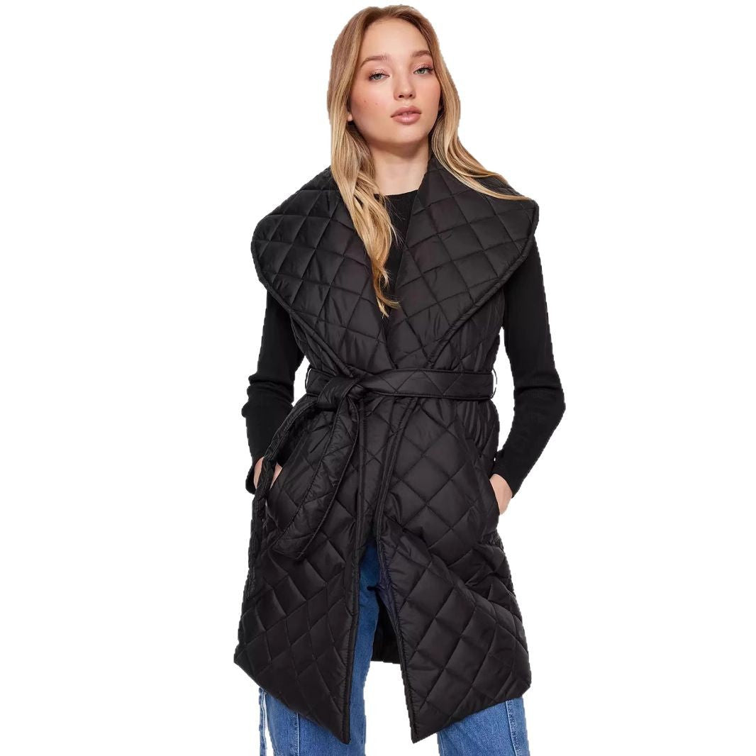 Damen Steppweste mit breitem Kragen und Taillengürtel Stalluxe