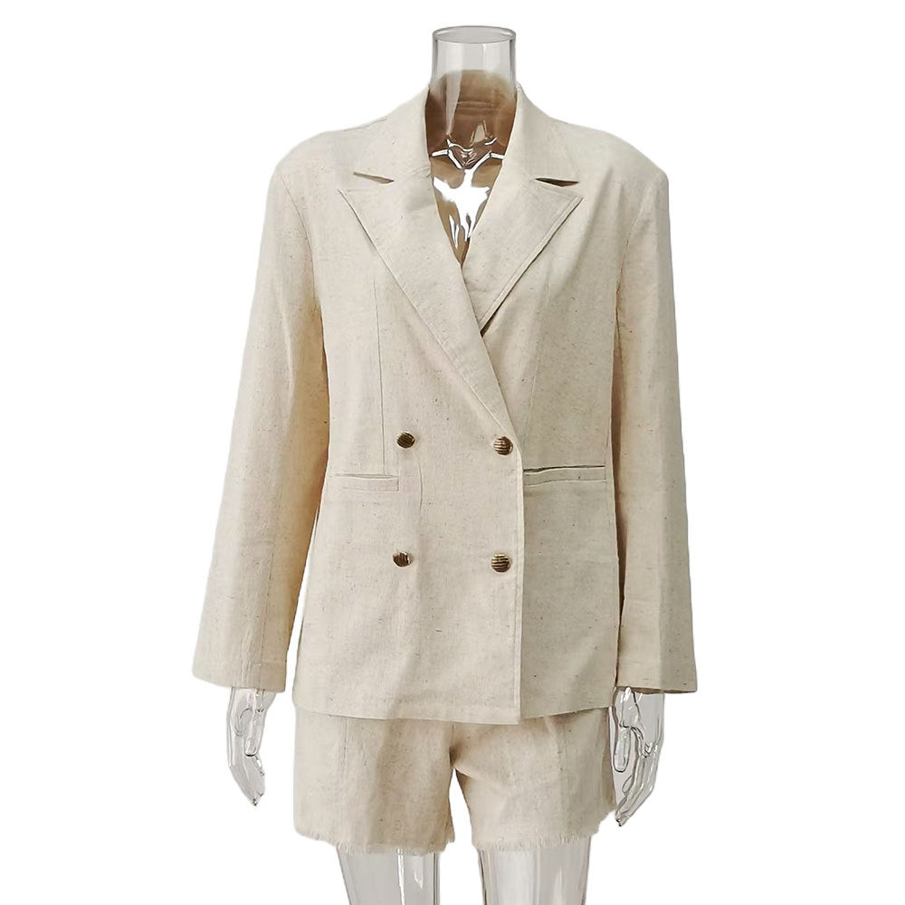 Damen Zweiteiliges Leinenanzug-Set mit Schößchenjacke und kurzen Hosen Stalluxe