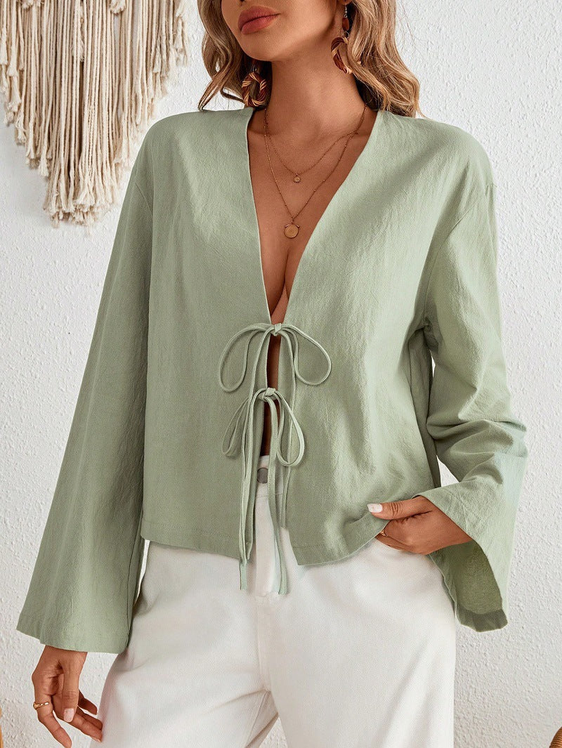 Damen lässige Blumenshirt mit tiefer V-Ausschnitt und Kordelzug Stalluxe