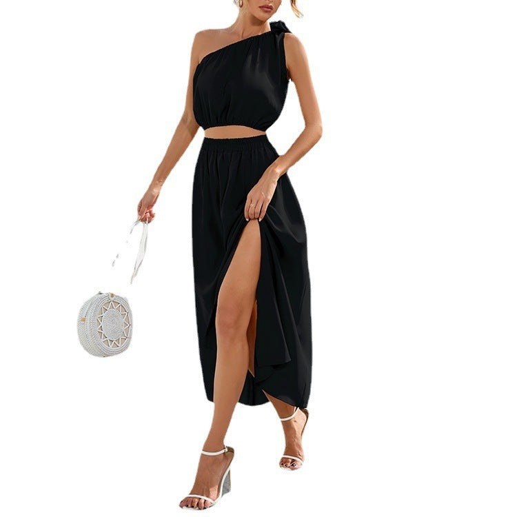 Damen Maxikleid mit einseitigem Träger und hohem Schlitz Stalluxe