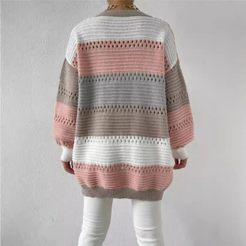 Damen Lässiger Strickcardigan mit modernen Lochmustern und farblichen Blockstreifen Stalluxe