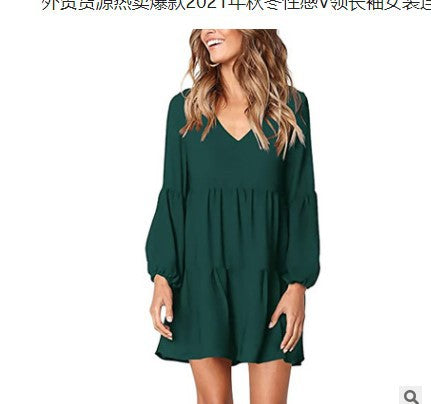 Damen fließendes Sommerkleid mit V-Ausschnitt und voluminösen Ärmeln Stalluxe