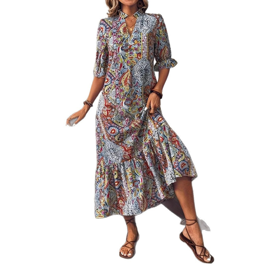 Damen Maxikleid mit buntem Paisley-Muster und modischem Volant Stalluxe