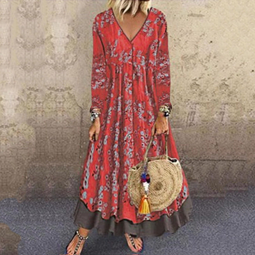 Damen Maxikleid mit V-Ausschnitt und langen Ärmeln Stalluxe