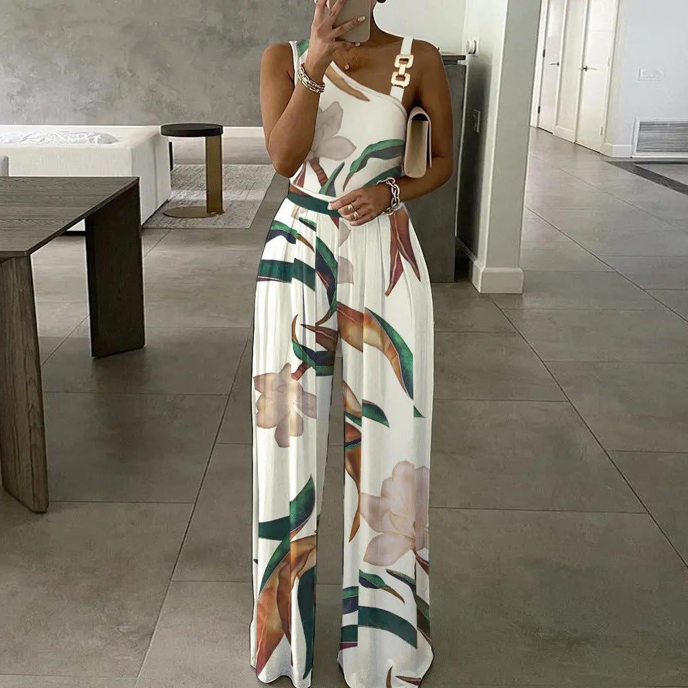 Damen Eleganter Jumpsuit mit floralem Design und asymmetrischem Träger Stalluxe