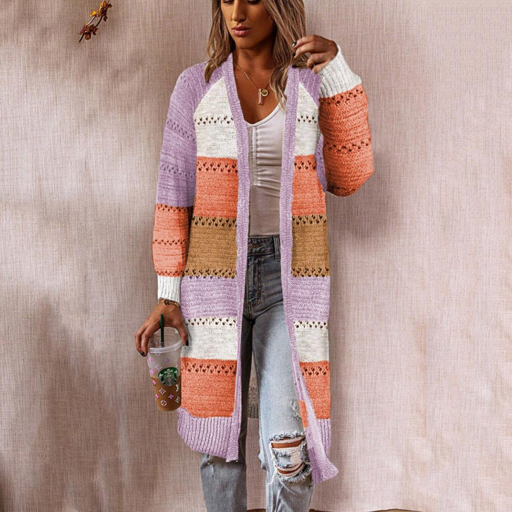 Damen Strickjacke im Retro-Patchwork-Stil mit langen Ärmeln und offenen Front Stalluxe