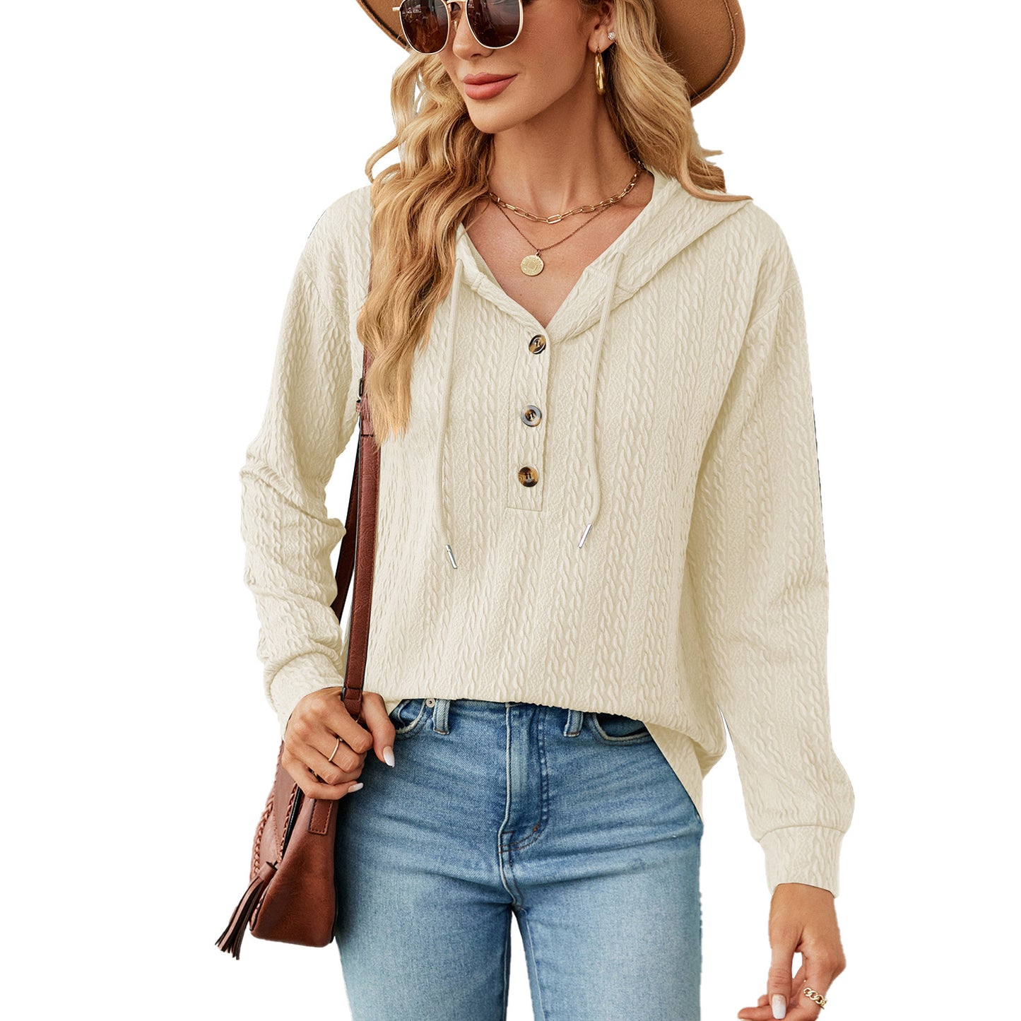 Damen lässiger Kapuzenpullover mit strukturierter Oberfläche und Knopfdetails Stalluxe