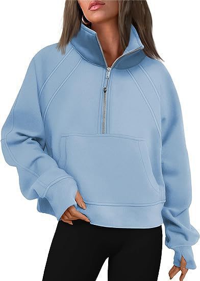 Damen sportlicher Pullover mit halbem Reißverschluss und Kängurutasche Stalluxe