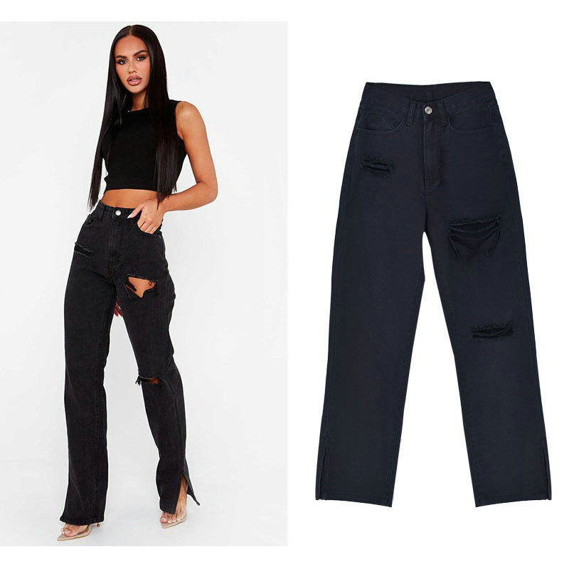 Damen lässige Ripped Jeans mit hoher Taille und modernen Fransen Stalluxe