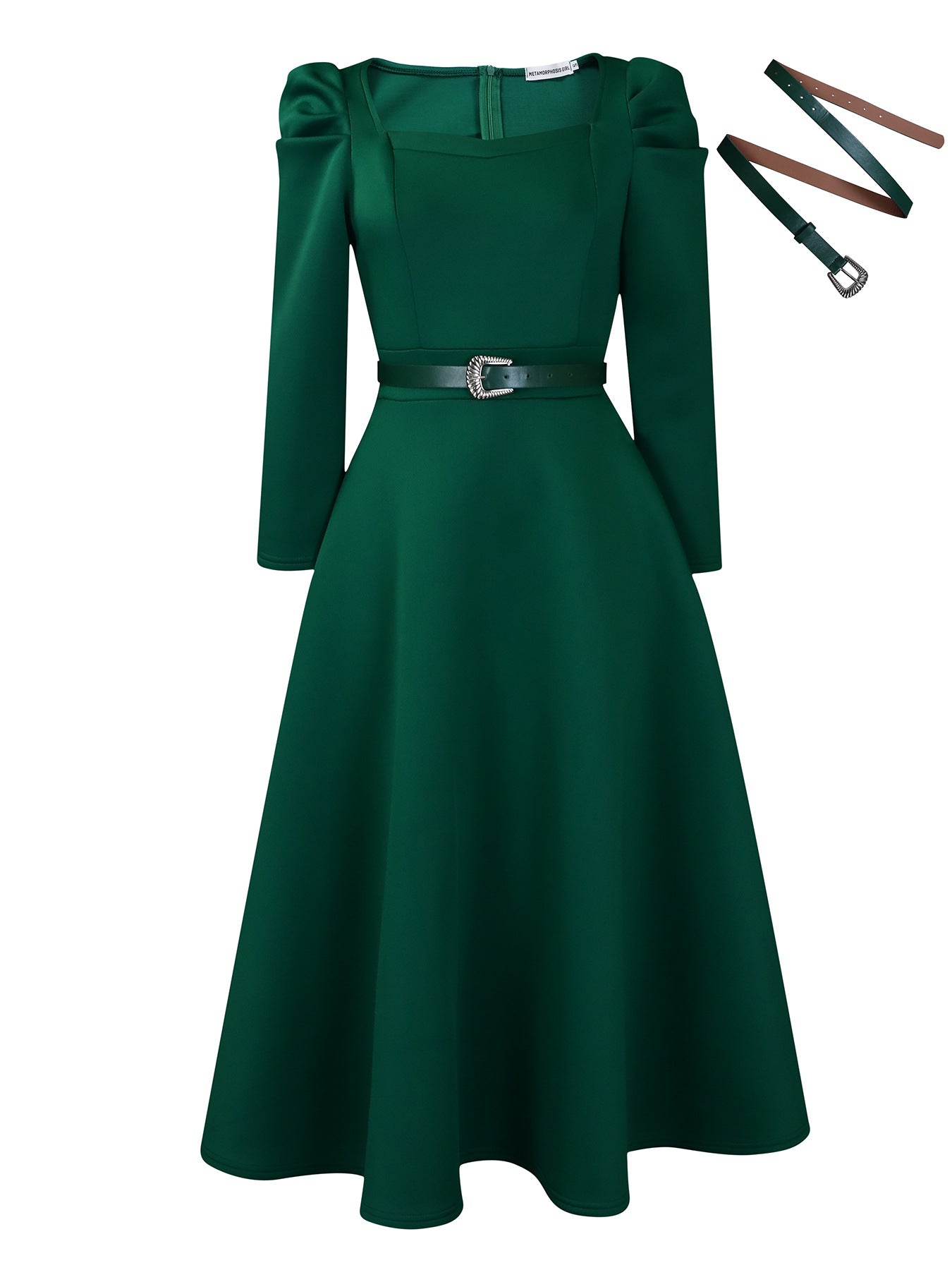 Damen Midikleid mit eleganten Puffärmeln und Gürtel Stalluxe