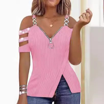 Damen Trendy Off-Shoulder Top mit Reißverschluss und Designer-Riemen Stalluxe