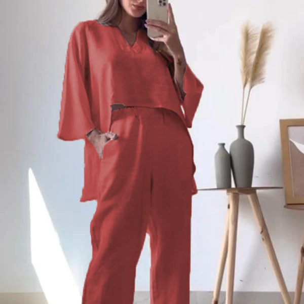 Damen luftiges Sommeroutfit mit weitem Oberteil und bequemen Hosen Stalluxe
