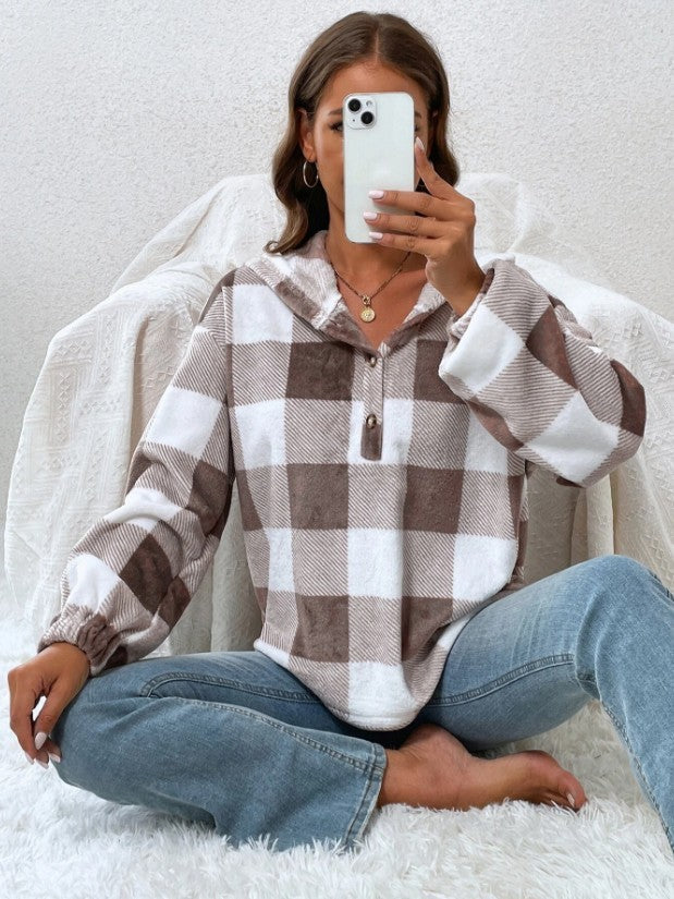 Damen Oversized Karo-Hoodie mit Knopfleiste und breiten Ärmeln Stalluxe